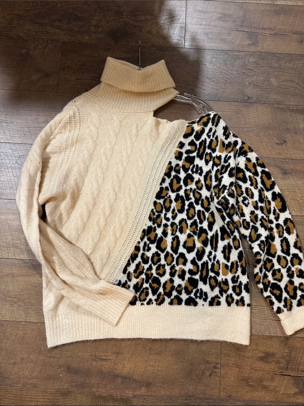 Cream Cable Knit Turtleneck Sweater with Leopard Panel